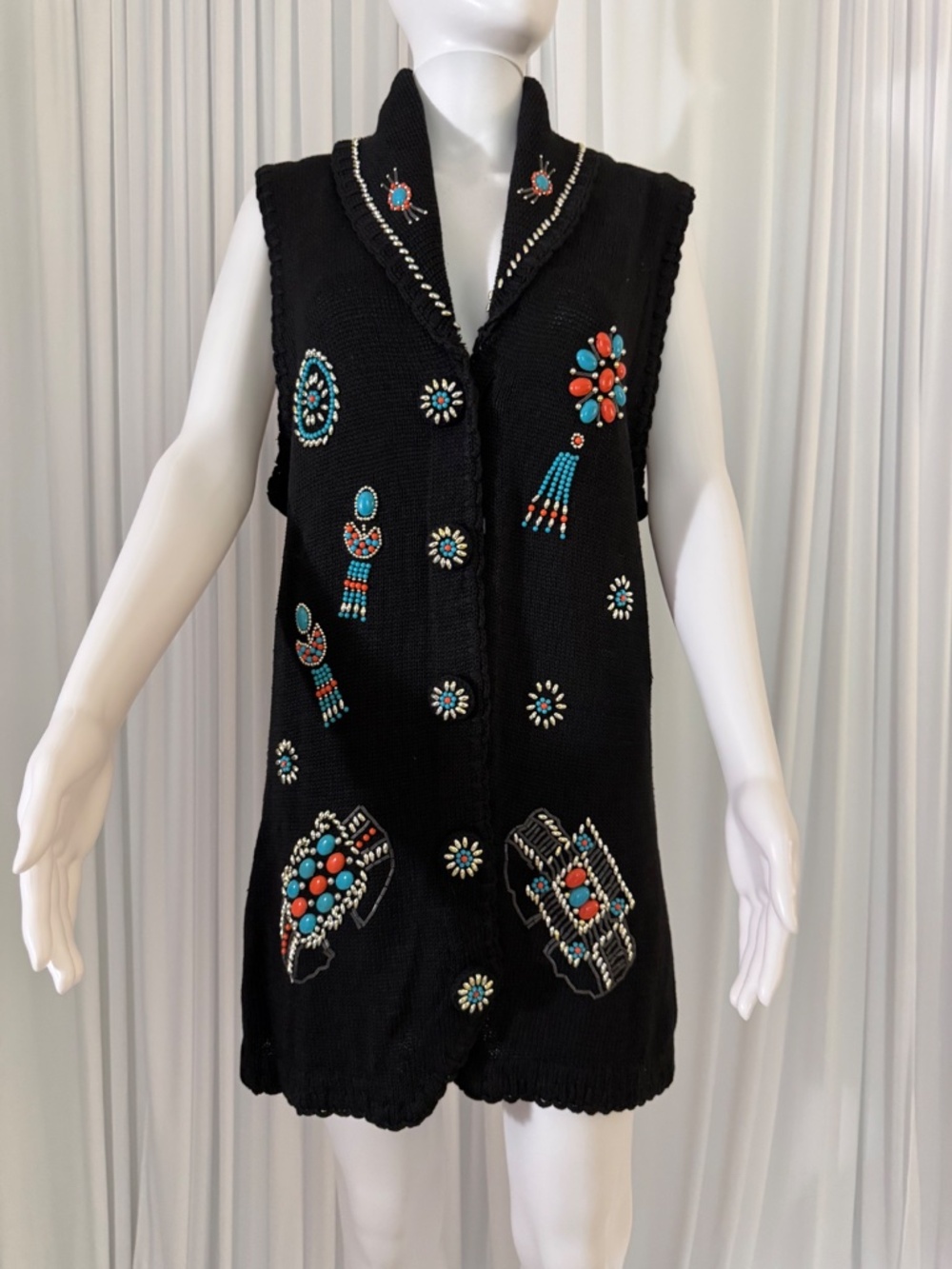 Victoria Jones Beaded Southwestern Sweater Vest Tunic Black Medium Boho Western - Picture 2 of 16
